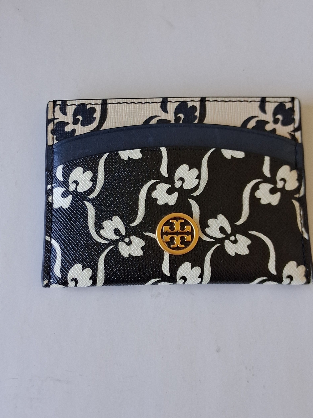 Tory Burch Black & White Floral Logo Card Holder with Gold Emblem - Picture 4 of 9
